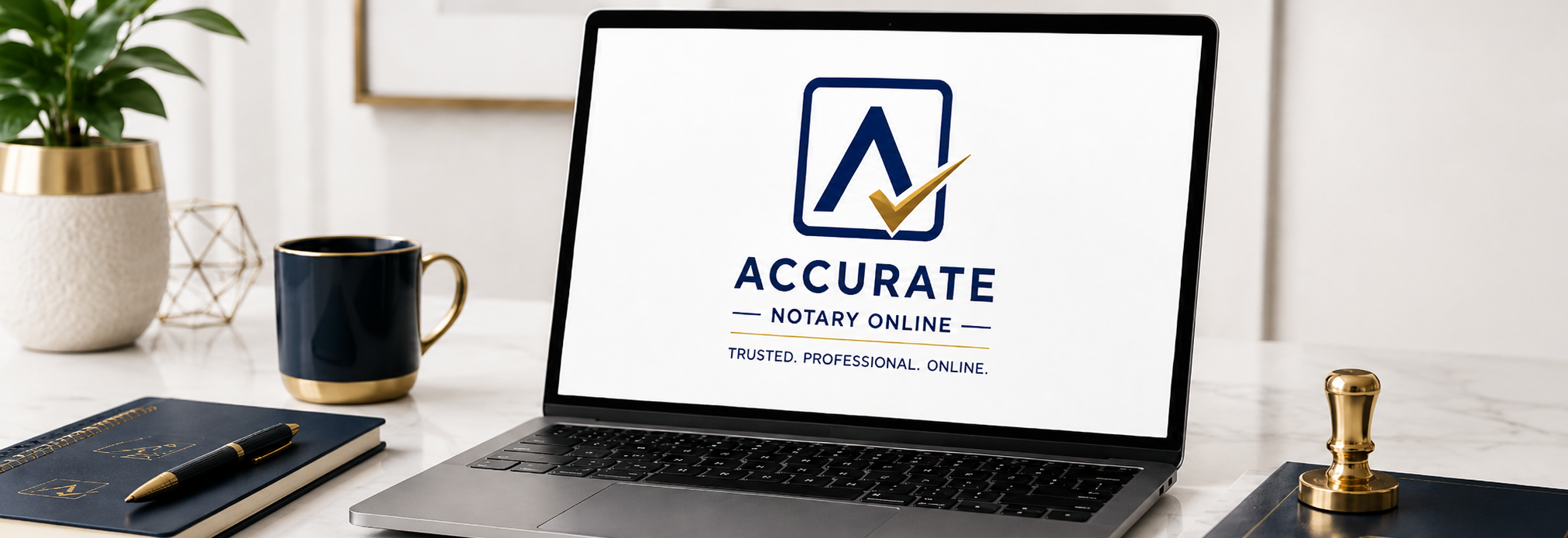Modern office desk with a laptop showing the Accurate Notary Online logo, surrounded by navy and gold office accessories, a notary stamp, notebook, pen, coffee mug, and plant