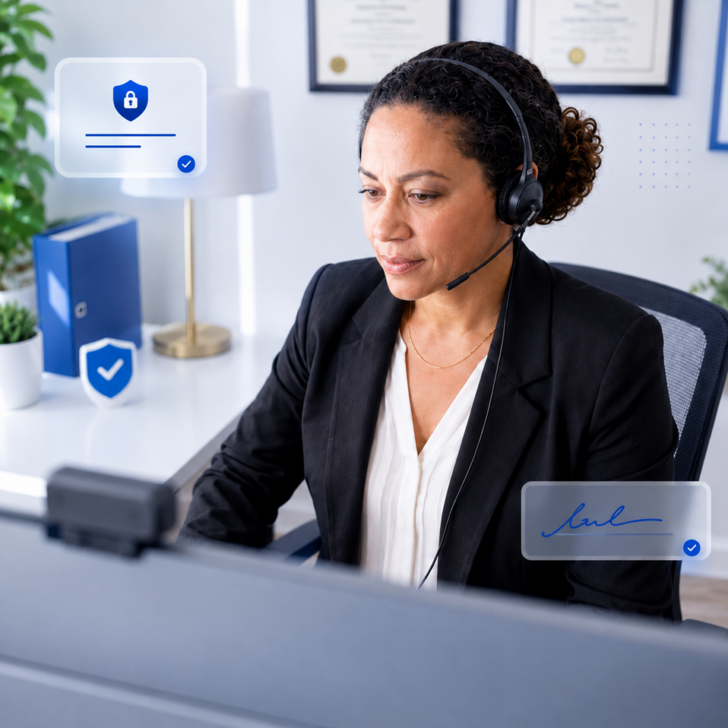 Professional online notary wearing a headset works at a computer in a bright modern office with blue security and electronic signature graphics.