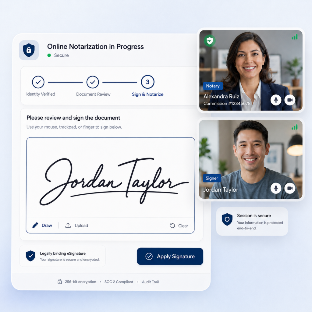 Online notarization platform showing a secure video session between a notary and signer, with an electronic signature being applied to a digital document.
